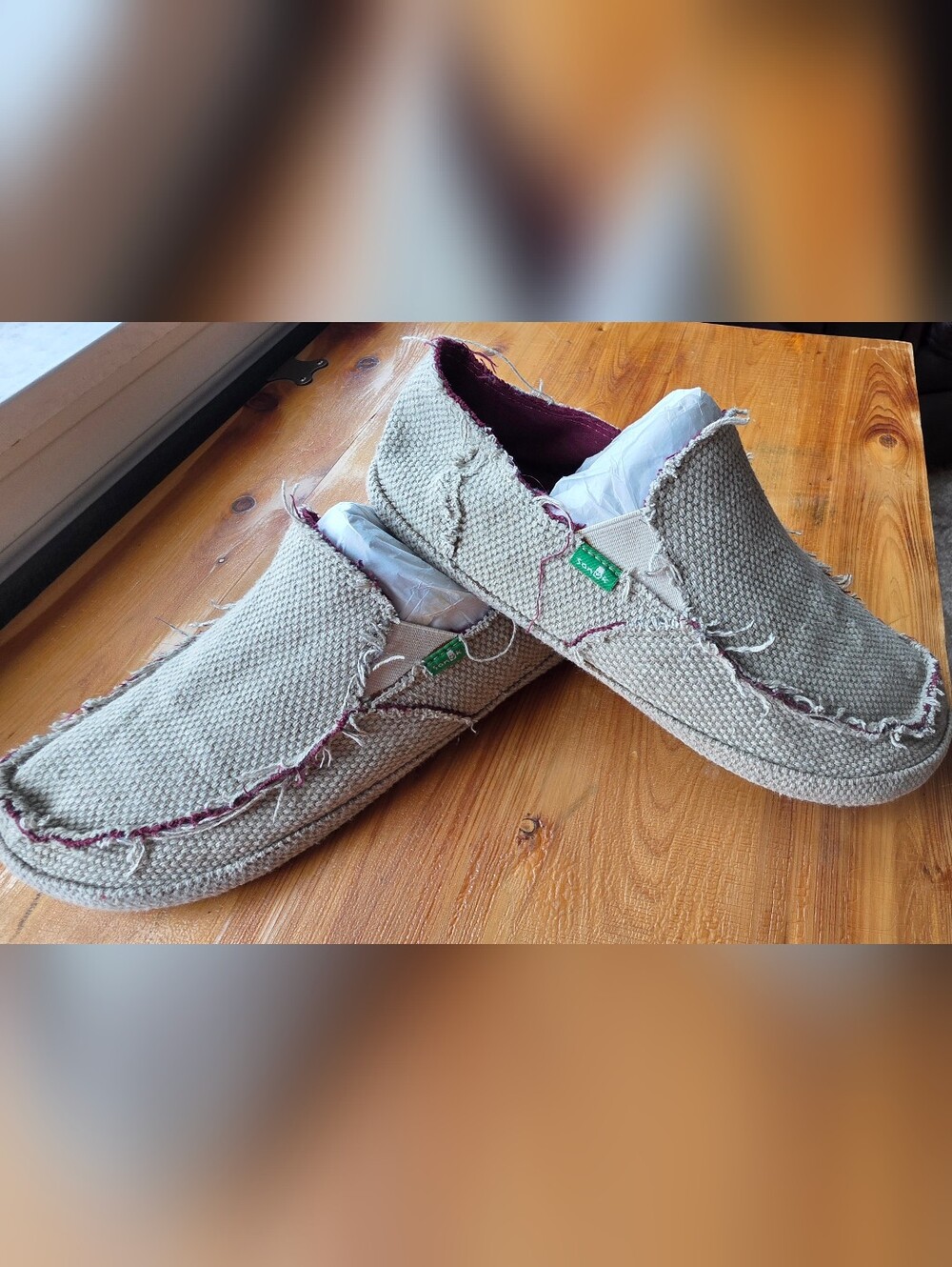 Sanuk Beige Canvas Slip-On Shoes with Maroon Trim